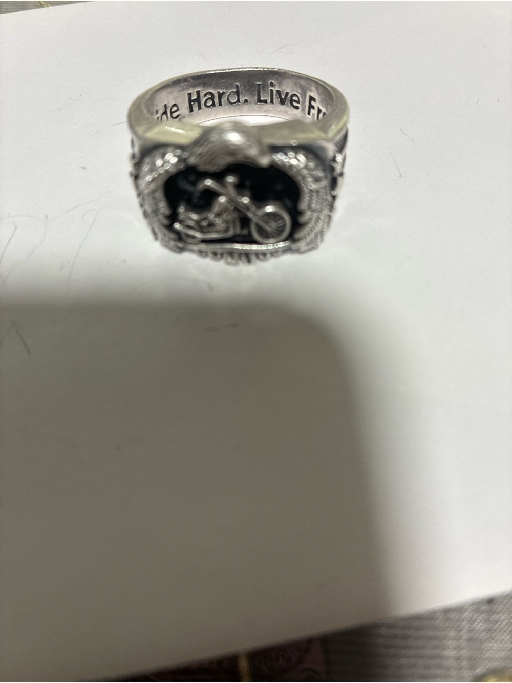Sterling-Look Motorcycle Emblem Ring in Silver and Black